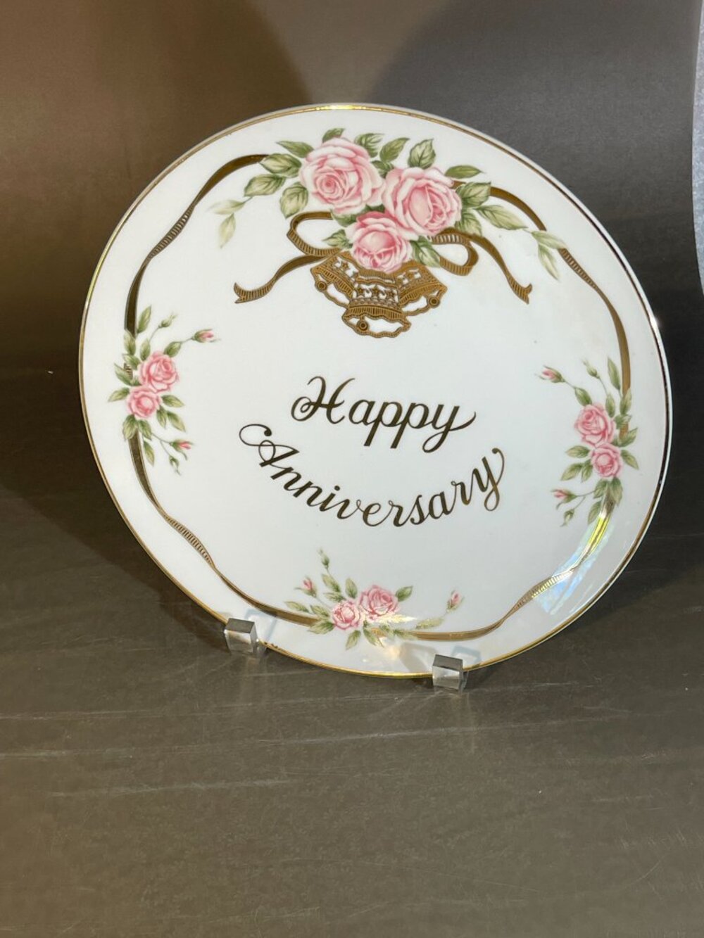 Lefton China Happy Anniversary Plate w/Rose & Bell Pattern, Gold Trim (inv#1575)
